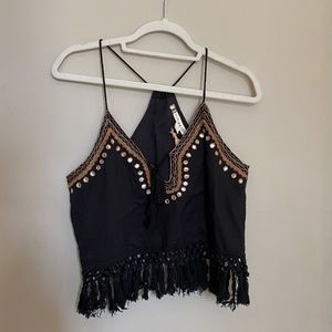 Black Embroidered Crop Tank Top with Tassels